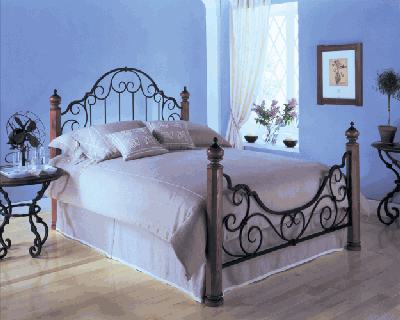 Beds Frames  Sale on Elegant Bedroom With Blue  Walls Iron Bed  Frame And Pine Wood Floor